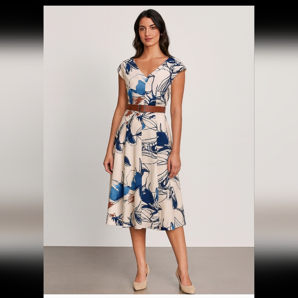 Calvin Klein cream blue multi v-neck belted scuba fit sheath dress‎ size 10 new